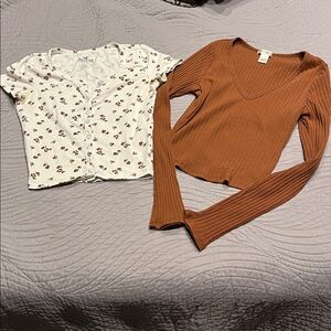 Set of 2 fall tops.  White and Brown Baby Tee & long sleeve tee